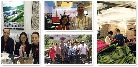 Selina Chen with overseas clients at trade-show booths and on factory sourcing visits in China