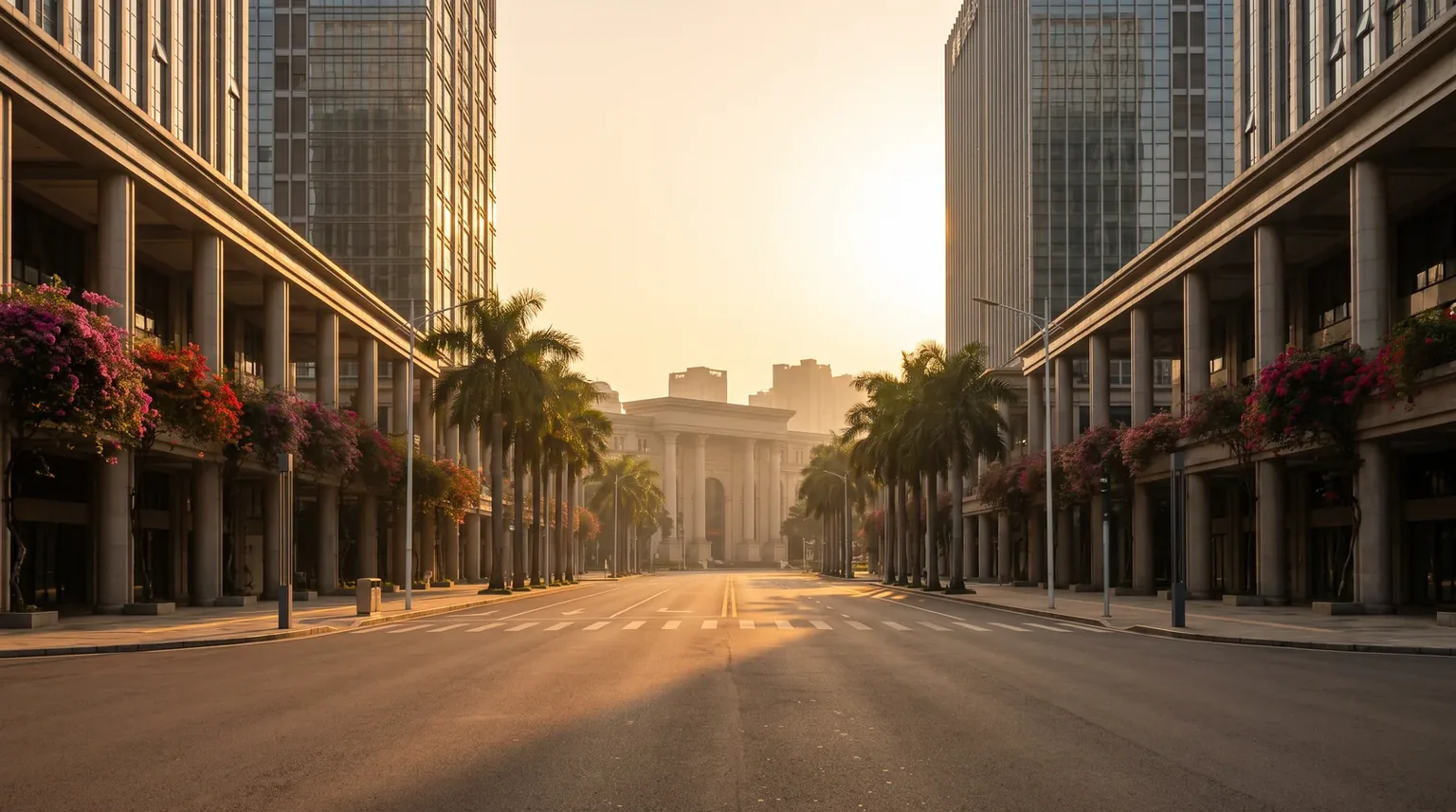 Golden hour in Shunde, Foshan, the district the Lecong furniture strip runs through: colonnaded showroom frontages along an empty trade avenue