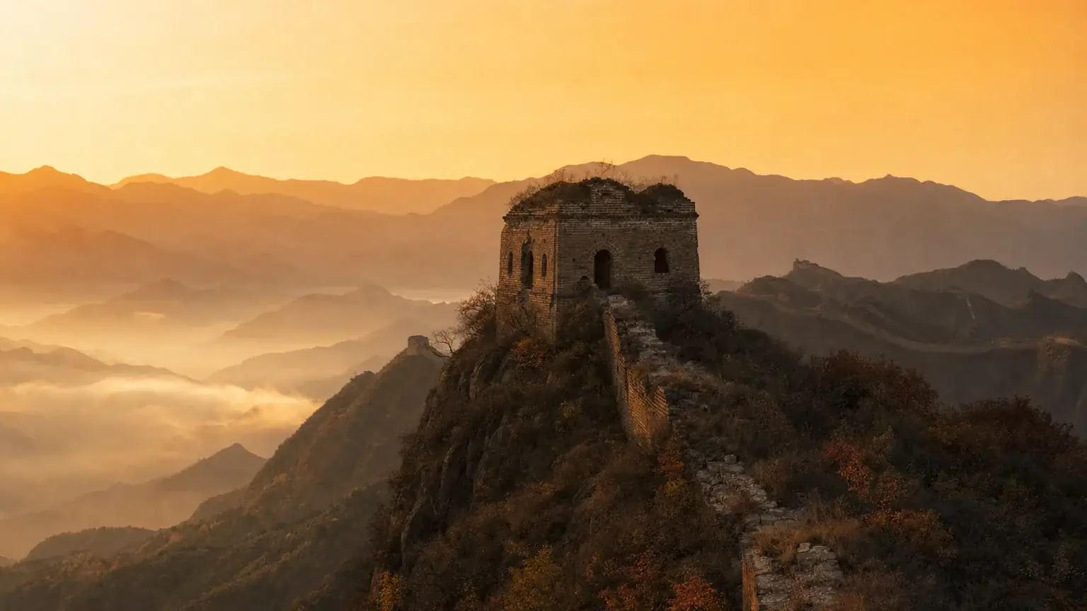 A lone watchtower on the wild unrestored Jinshanling wall at golden hour