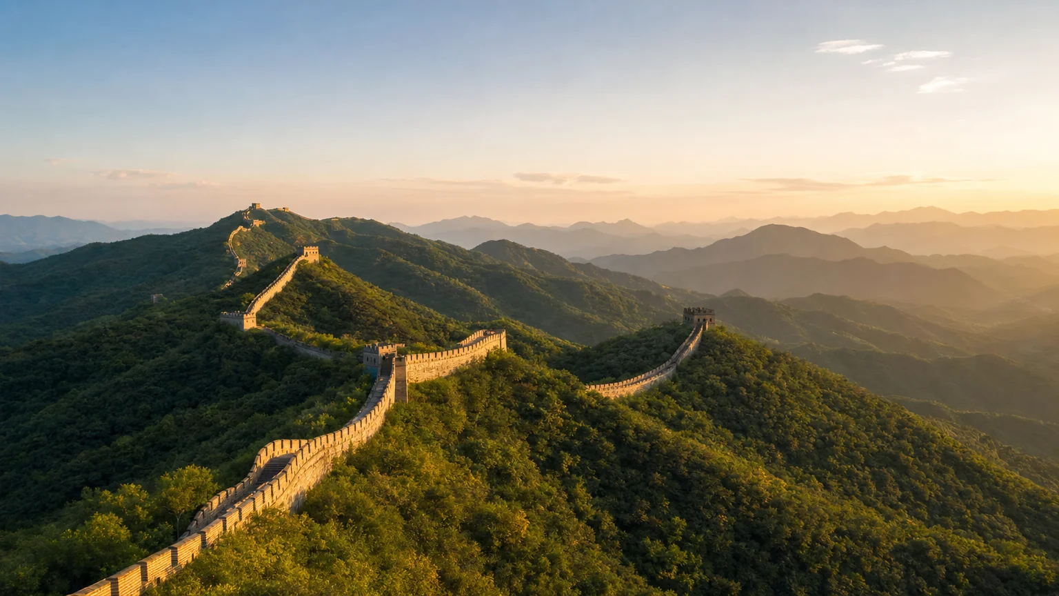 The Great Wall of China winding over forested hills at sunset