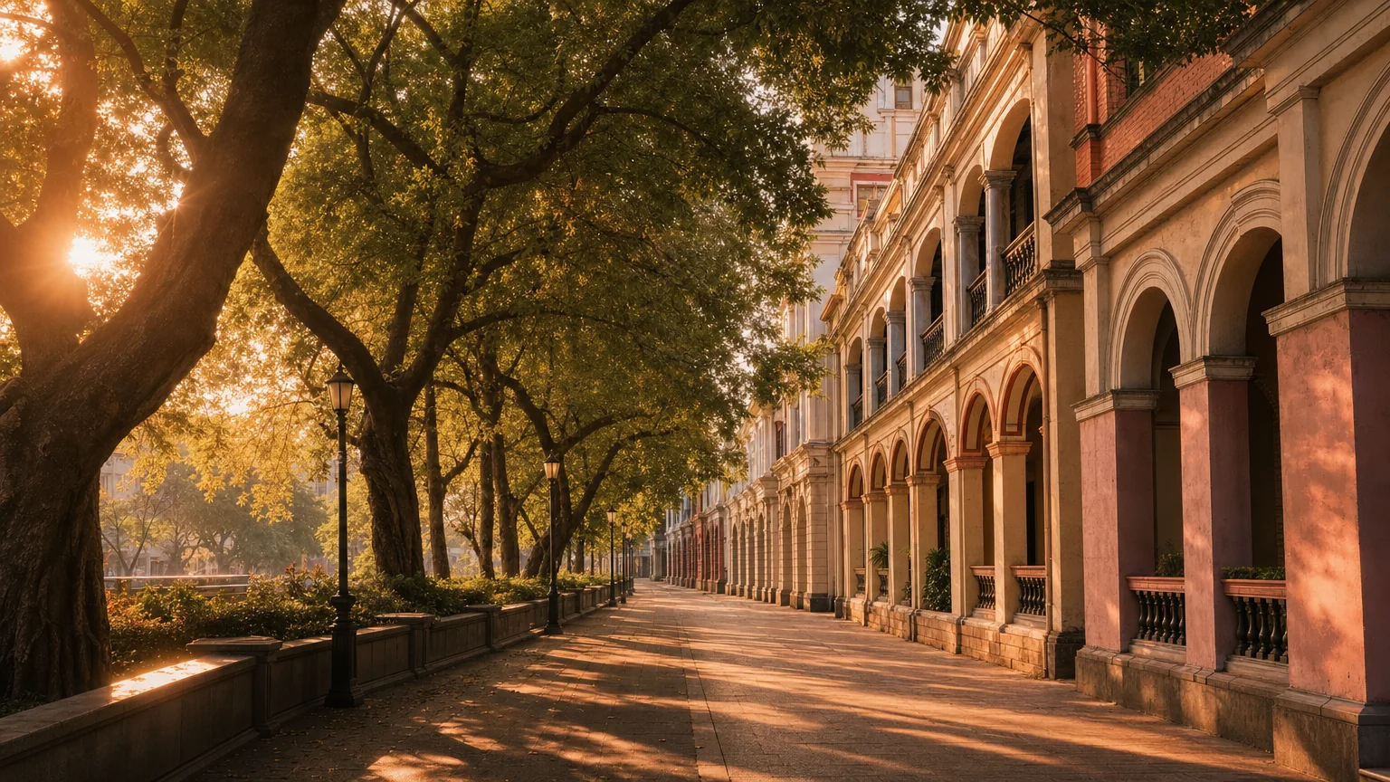 A tree-lined street of historic Shamian Island arcades in Guangzhou at golden hour