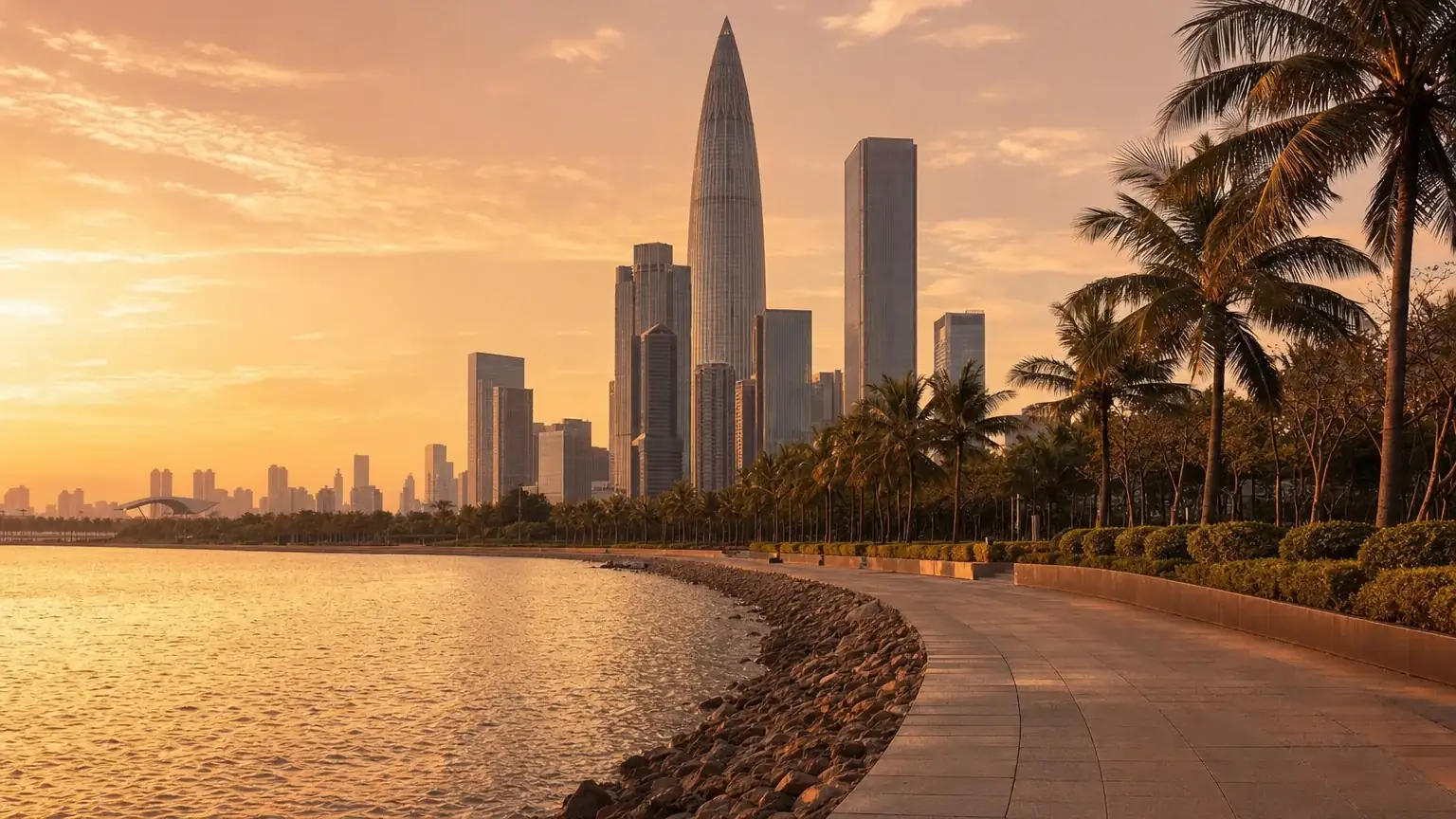 The Shenzhen Bay promenade at golden hour, palms and towers along the water in the city that grew up on its electronics trade
